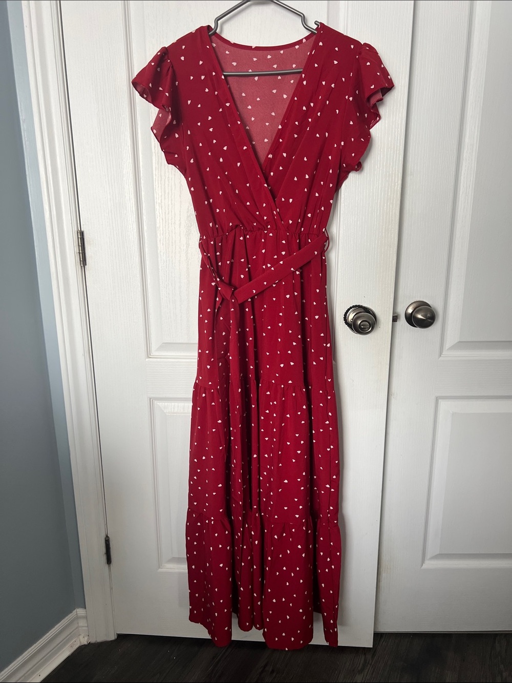 Red Heart Print Wrap Maxi Dress with Self-Tie Waist